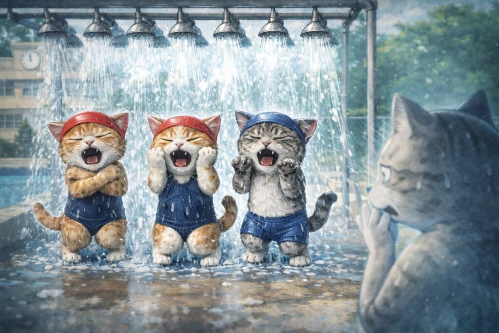 小学校のプールで冷水シャワーを浴びて悲鳴を上げてる猫キャラクターたちの画像。